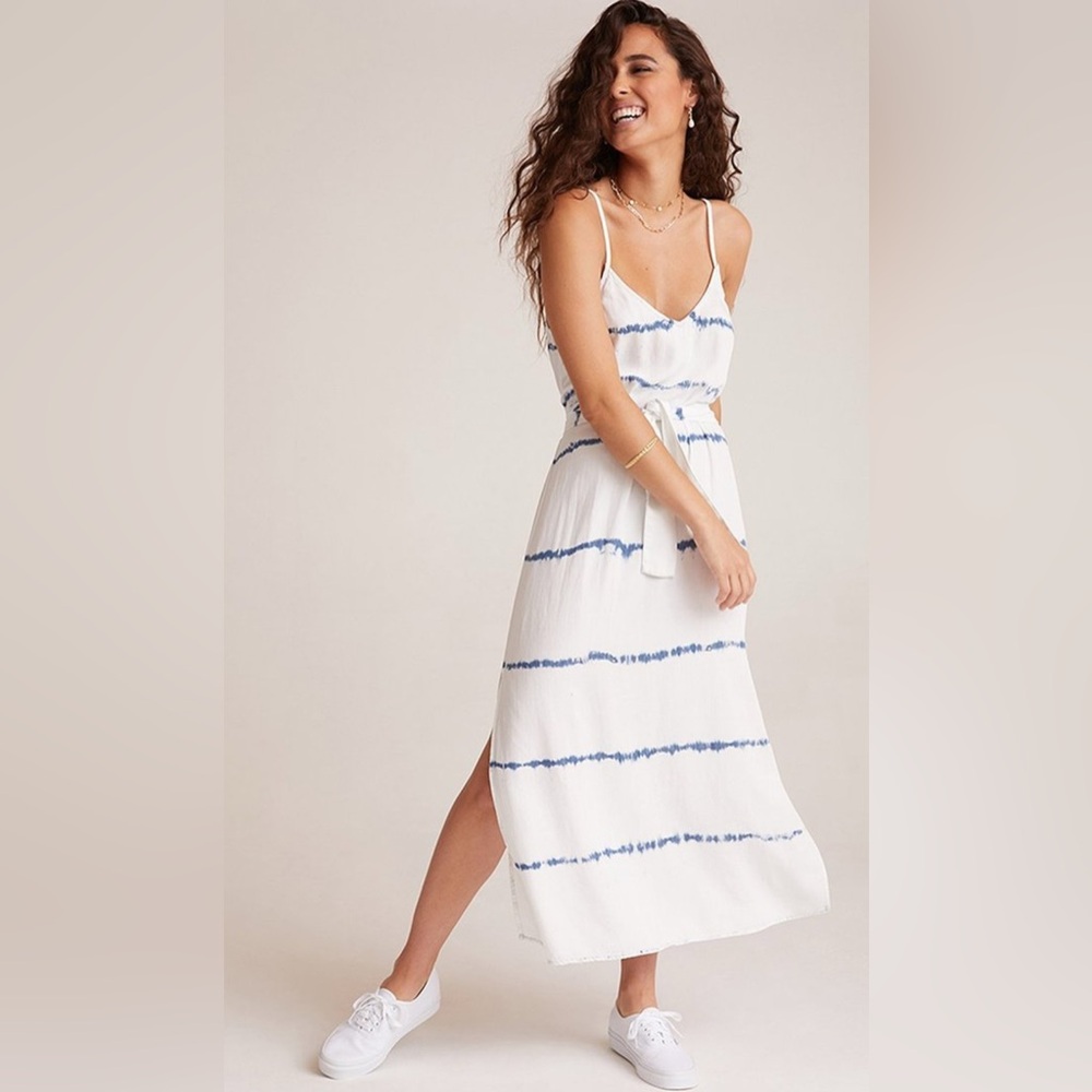 Bella Dahl Womens White Blue Tie-Dye Stripe Sleeveless V-Neck Midi Dress